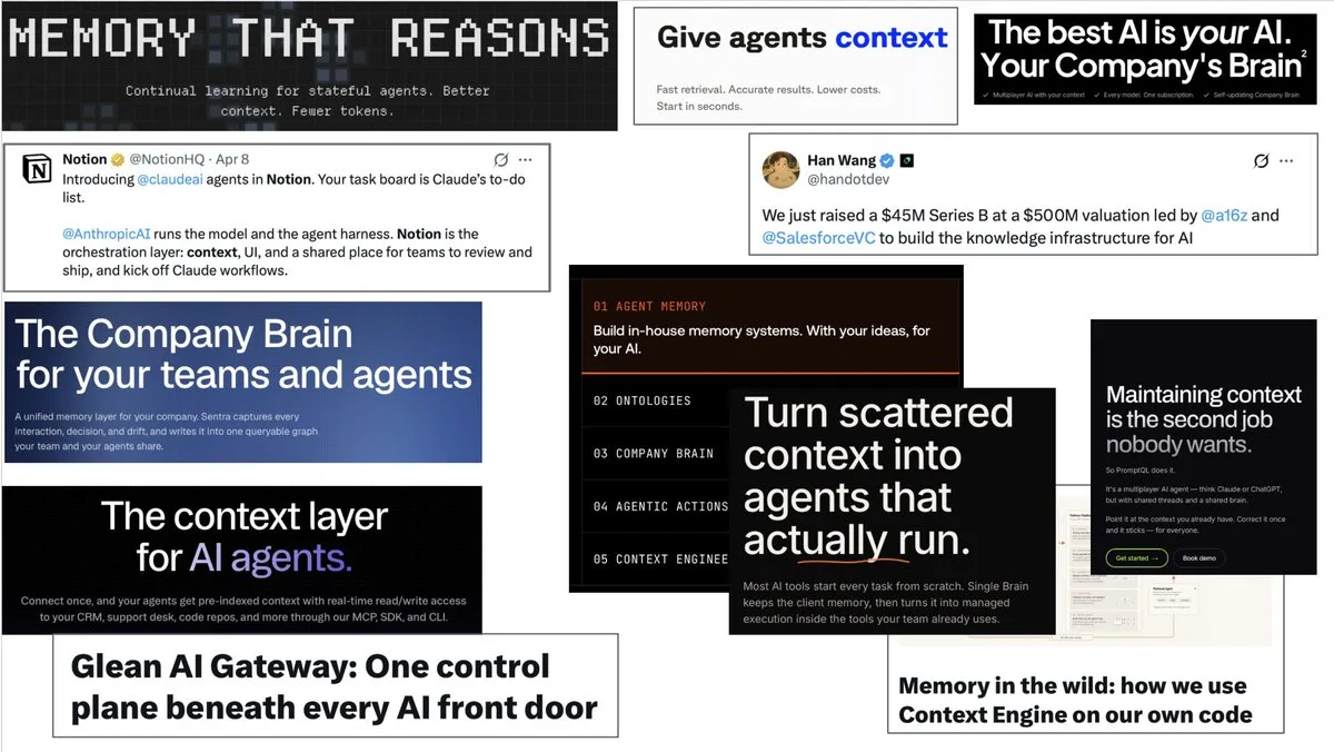 A collage of marketing headlines from context and memory companies: company brain, context layer, agent memory, context engine - nearly interchangeable claims across a dozen different products