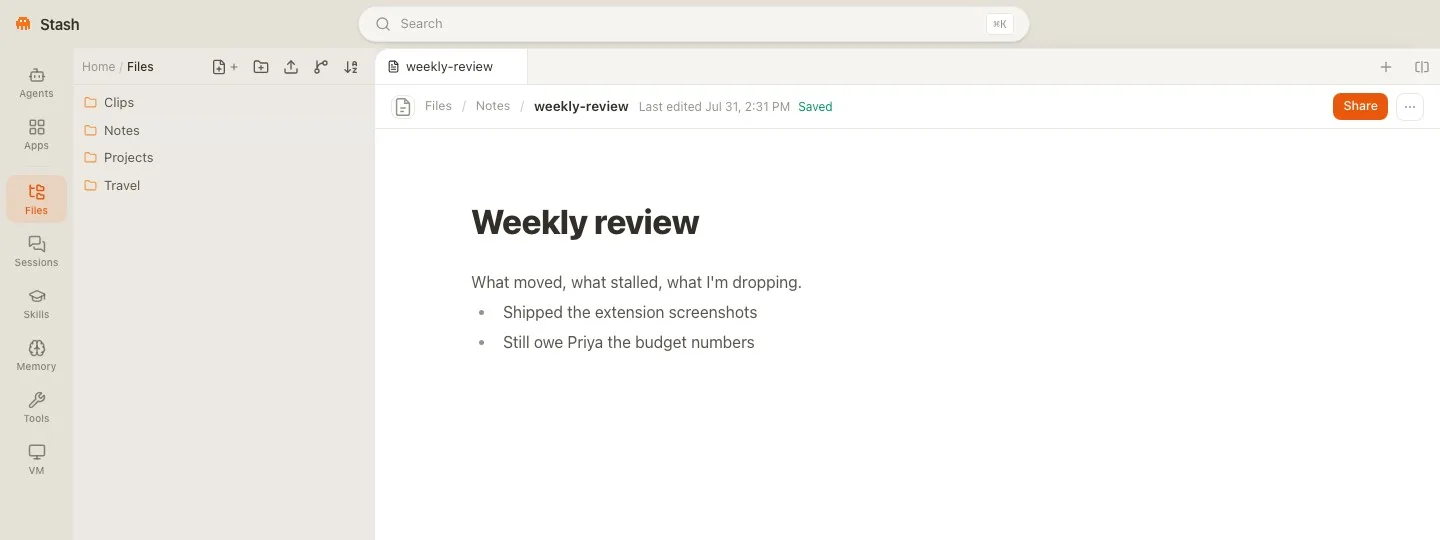 The Stash app: a file tree of Clips, Notes, Projects, and Travel next to an open page called weekly-review.
